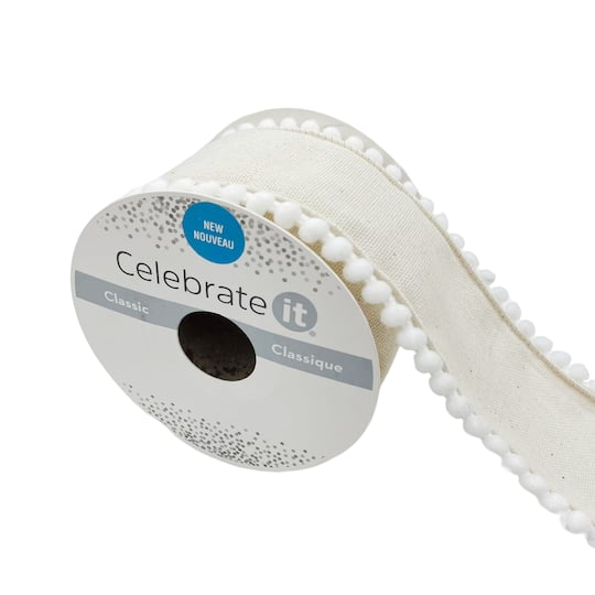 2.5" x 2yd. Faux Burlap with Pom Pom Trim Ribbon by Celebrate It®